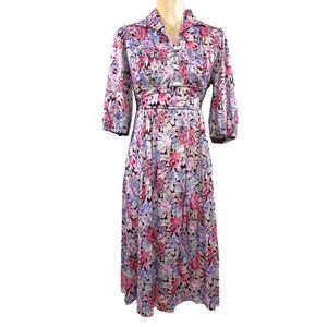 70s Vintage Brown Pink Purple Floral Empire Waist Dress with Attached Ties Sz 11